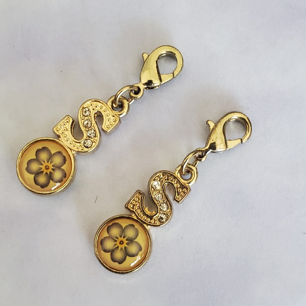 Gold Tone Rhinestone Initial S Flower Cabochon Lobster Clasp Charms Set of 2